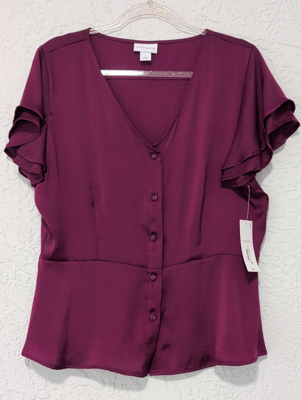 NEW Liz Claiborne Deep Plum V-Neck Button-Front Ruffle Sleeve Top | Size Large